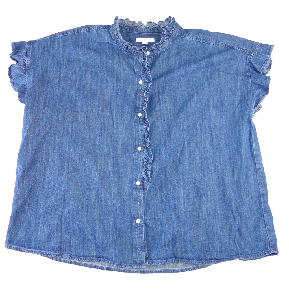 Free Assembly Womens XXL Blue Denim Ruffle Collar Short Sleeve Button Down Shirt